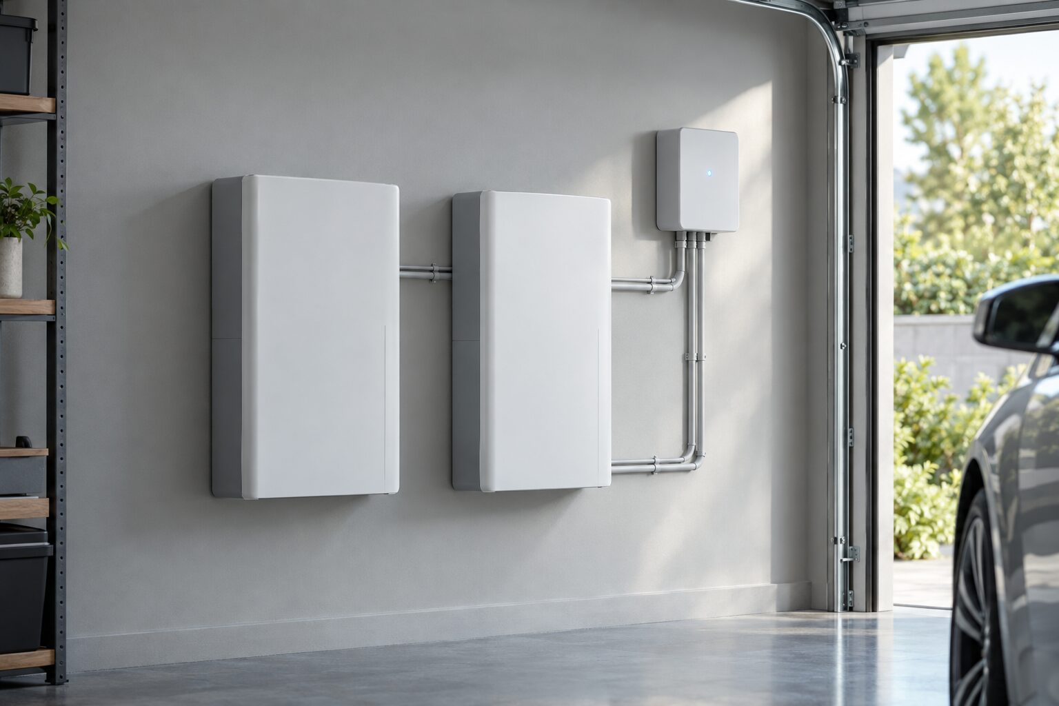 Wall-mounted home battery storage system in a clean garage