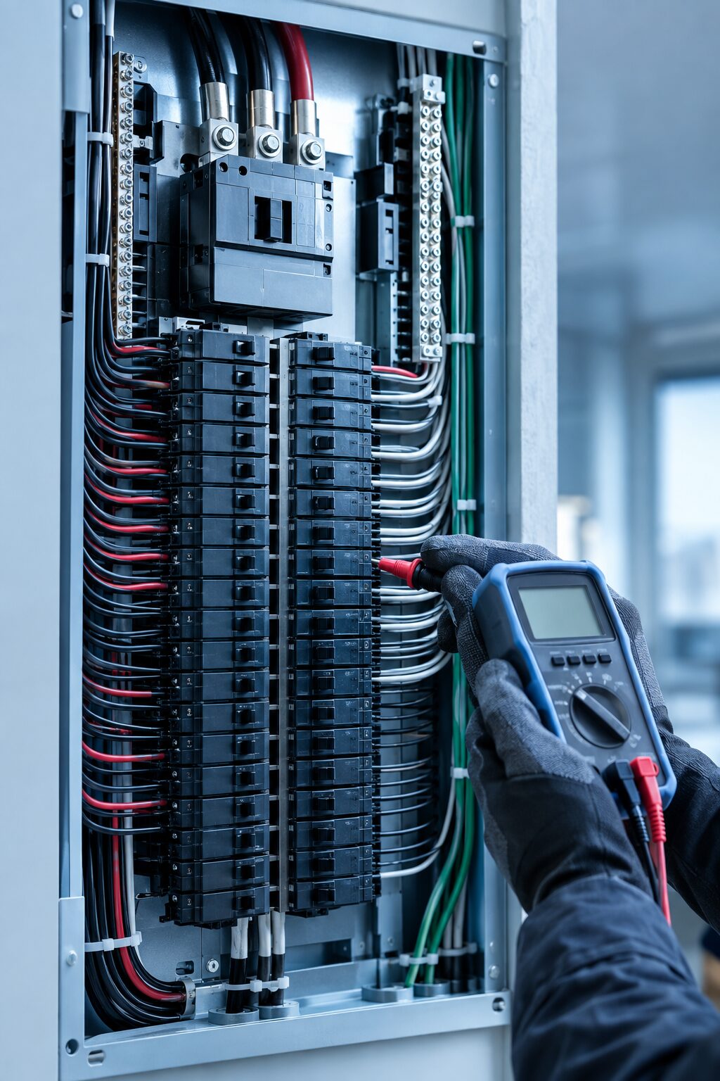 Neatly wired residential electrical panel being tested with a multimeter
