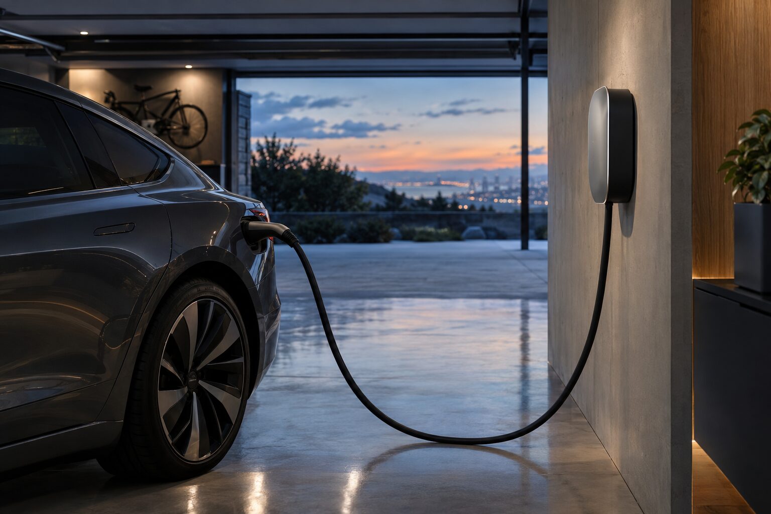 Wall-mounted EV charger connected to an electric car in a garage