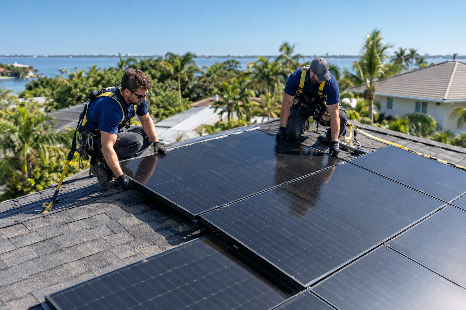 Solar installers mounting black solar panels on a Florida residential roof